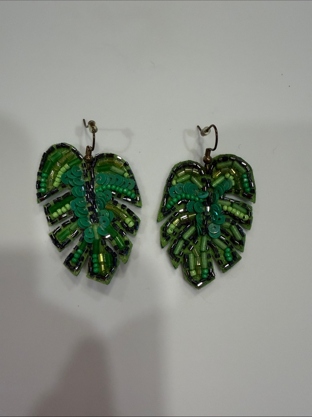 Green Beaded Leaf Drop Earrings - Women Jewelry